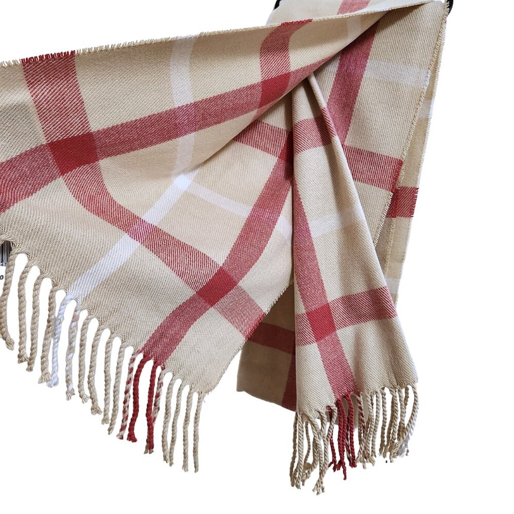 NEW D&Y Softer Than Cashmere Beige & Burgundy Plaid with Fringe Scarf